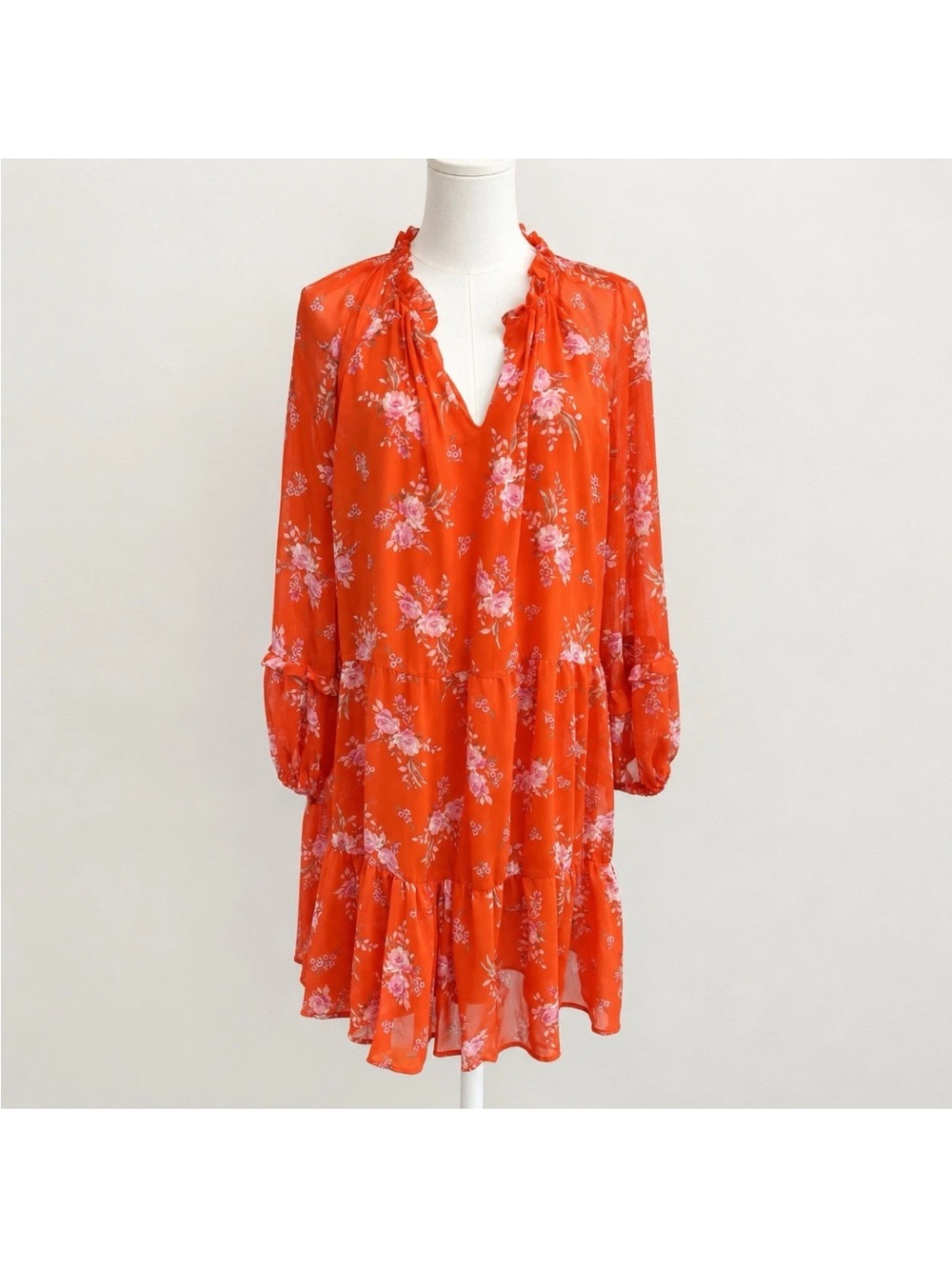 Vince Camuto Orange Floral Tiered Balloon-Sleeve Mini Dress XXL